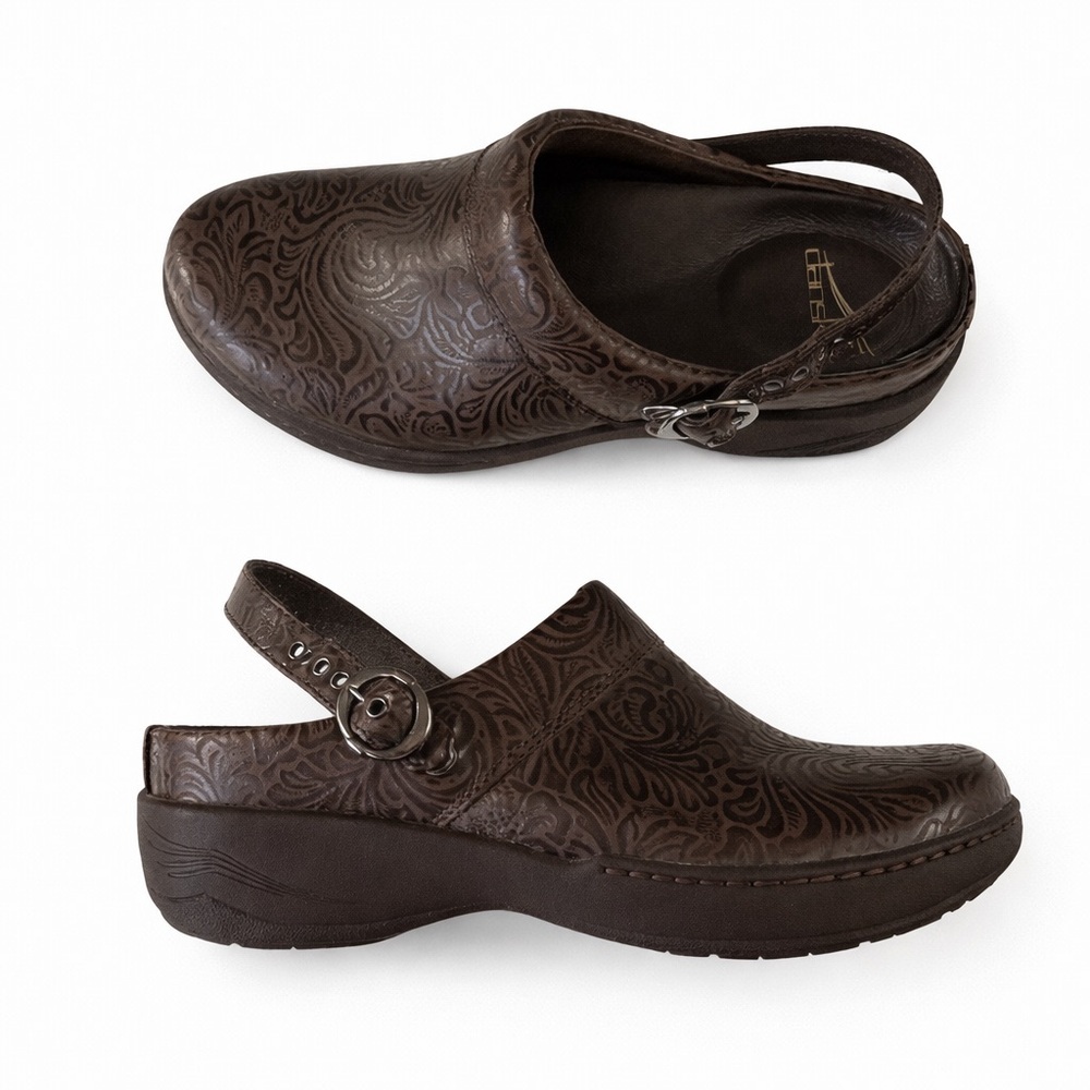 Dansko Sam Brown Tooled Leather Clogs 38 | Convertible Slingback Comfort Shoes